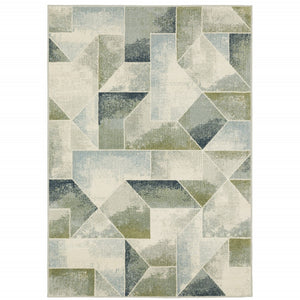 HomeRoots 5' Modern Geometric Area Rug in Blue, Green, Grey, Gold & Ivory - Stain Resistant & Easy Care 7' X 9' 508403