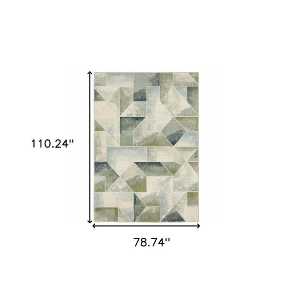 HomeRoots 5' Modern Geometric Area Rug in Blue, Green, Grey, Gold & Ivory - Stain Resistant & Easy Care 7' X 9' 508403