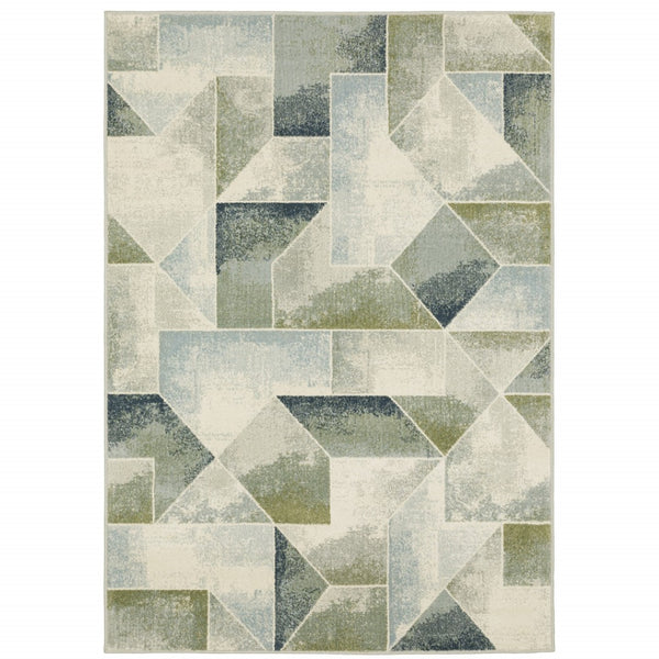 HomeRoots 5' Modern Geometric Area Rug in Blue, Green, Grey, Gold & Ivory - Stain Resistant & Easy Care 8' X 10' 508404