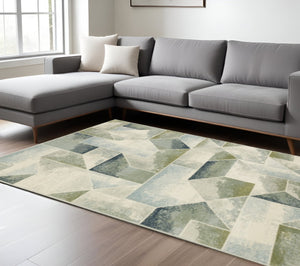 HomeRoots 5' Modern Geometric Area Rug in Blue, Green, Grey, Gold & Ivory - Stain Resistant & Easy Care 8' X 10' 508404