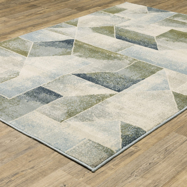 HomeRoots 5' Modern Geometric Area Rug in Blue, Green, Grey, Gold & Ivory - Stain Resistant & Easy Care 10' X 13' 508405