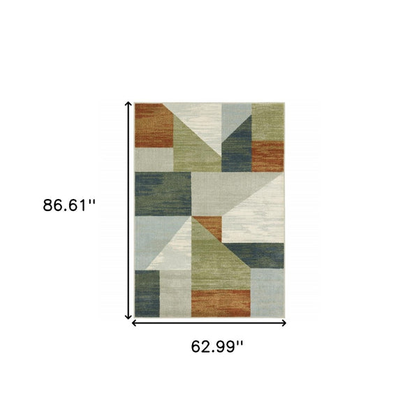 HomeRoots 5' Modern Geometric Power Loomed Area Rug in Grey, Teal Blue, Rust, Green & Ivory for Stylish Spaces 5' X 7' 508407