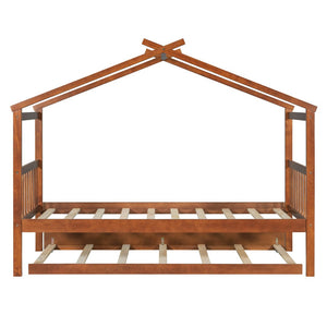 English Elm Twin House Bed with Pull Out Trundle Solid Pine Wood Frame Walnut Kids Room N708P309238L