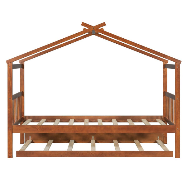 English Elm Twin House Bed with Pull Out Trundle Solid Pine Wood Frame Walnut Kids Room N708P309238L
