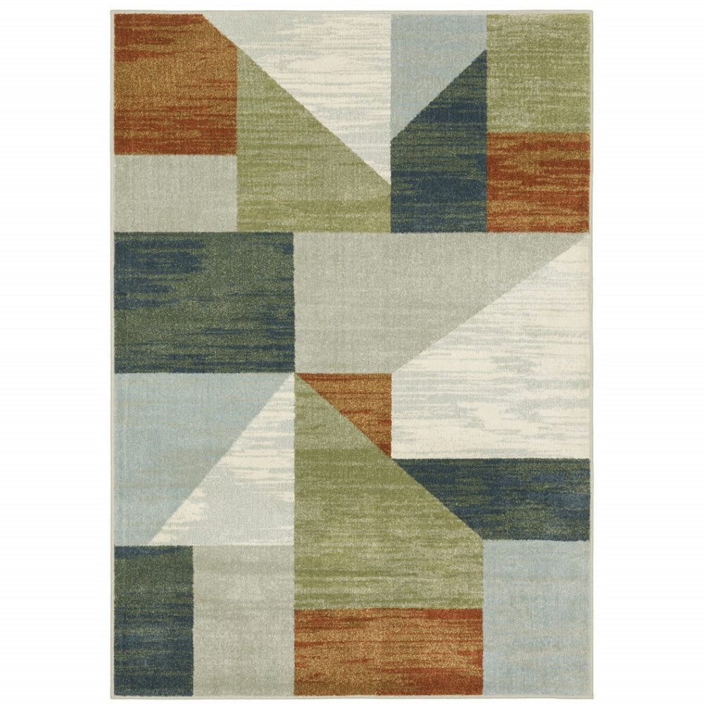 HomeRoots 5' Modern Geometric Power Loomed Area Rug in Grey, Teal Blue, Rust, Green & Ivory for Stylish Spaces 10' X 13' 508410