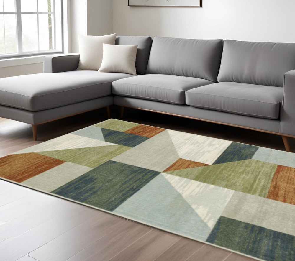 HomeRoots 5' Modern Geometric Power Loomed Area Rug in Grey, Teal Blue, Rust, Green & Ivory for Stylish Spaces 10' X 13' 508410