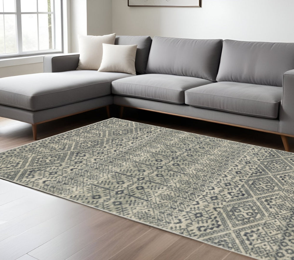 HomeRoots 5' Blue and Beige Geometric Area Rug - Durable, Stain-Resistant Power Loomed Design for Modern Spaces 10' X 13' 508415