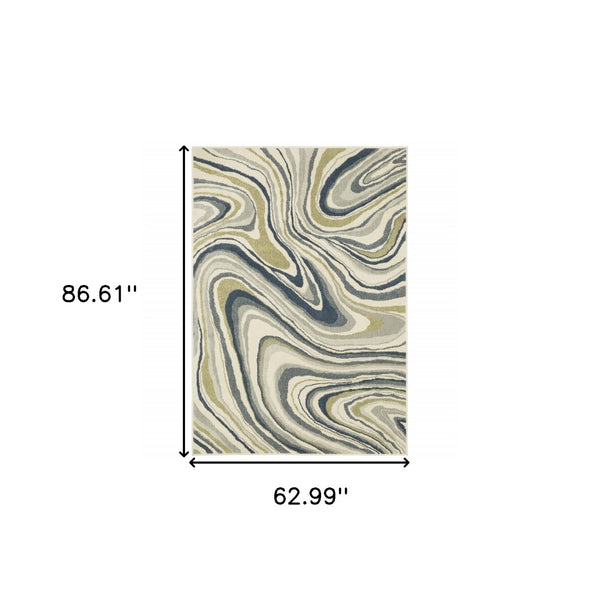 HomeRoots 5' Abstract Area Rug in Ivory, Blue, and Beige – Stain Resistant, Modern Design for Any Space 5' X 7' 508417