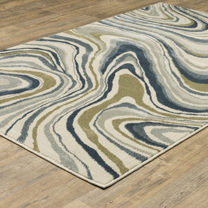 HomeRoots 5' Abstract Area Rug in Ivory, Blue, and Beige – Stain Resistant, Modern Design for Any Space 5' X 7' 508417