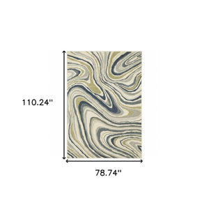 HomeRoots 5' Abstract Area Rug in Ivory, Blue, and Beige – Stain Resistant, Modern Design for Any Space 7' X 9' 508418