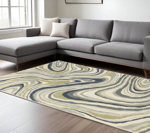 HomeRoots 5' Abstract Area Rug in Ivory, Blue, and Beige – Stain Resistant, Modern Design for Any Space 8' X 10' 508419