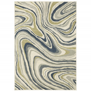 HomeRoots 5' Abstract Area Rug in Ivory, Blue, and Beige – Stain Resistant, Modern Design for Any Space 10' X 13' 508420