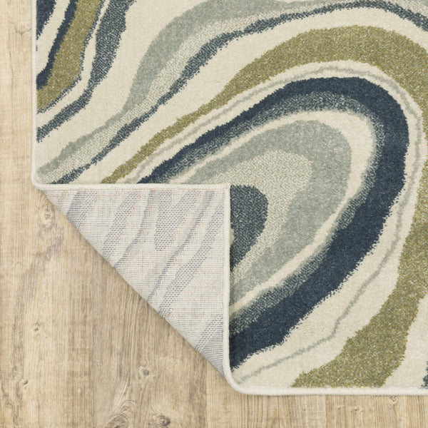 HomeRoots 5' Abstract Area Rug in Ivory, Blue, and Beige – Stain Resistant, Modern Design for Any Space 10' X 13' 508420
