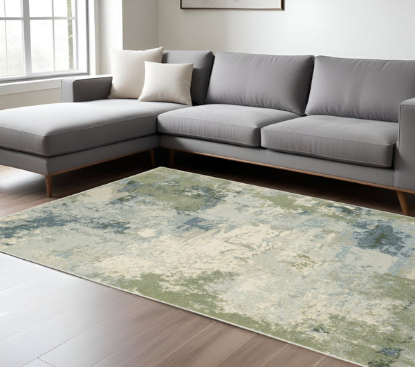 HomeRoots 5' Abstract Power Loom Area Rug in Blue, Green, Grey & Ivory – Stain Resistant for High-Traffic Areas 10' X 13' 508425