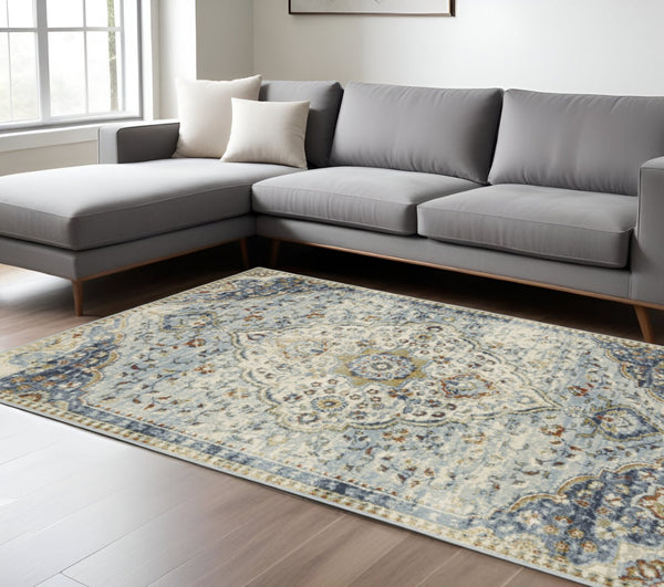 HomeRoots 5' Elegant Blue Beige Rust Gold Teal Oriental Area Rug - Stain Resistant, Durable & Timeless Style 7' X 9' 508433