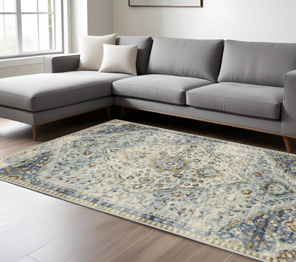 HomeRoots 5' Elegant Blue Beige Rust Gold Teal Oriental Area Rug - Stain Resistant, Durable & Timeless Style 8' X 10' 508434