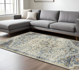 HomeRoots 5' Elegant Blue Beige Rust Gold Teal Oriental Area Rug - Stain Resistant, Durable & Timeless Style 10' X 13' 508435