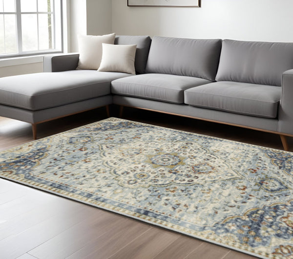 HomeRoots 5' Elegant Blue Beige Rust Gold Teal Oriental Area Rug - Stain Resistant, Durable & Timeless Style 10' X 13' 508435