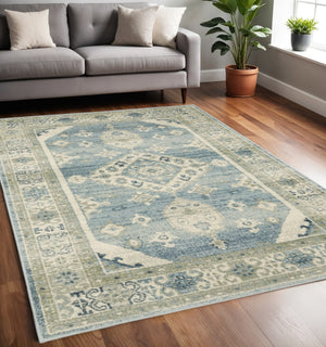 HomeRoots 5' Elegant Blue and Beige Oriental Distressed Area Rug for Timeless Style and Durability in Any Space 5' X 7' 508437