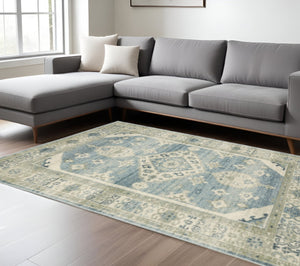 HomeRoots 5' Elegant Blue and Beige Oriental Distressed Area Rug for Timeless Style and Durability in Any Space 7' X 9' 508438