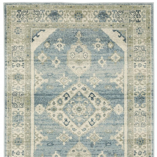 HomeRoots 5' Elegant Blue and Beige Oriental Distressed Area Rug for Timeless Style and Durability in Any Space 7' X 9' 508438