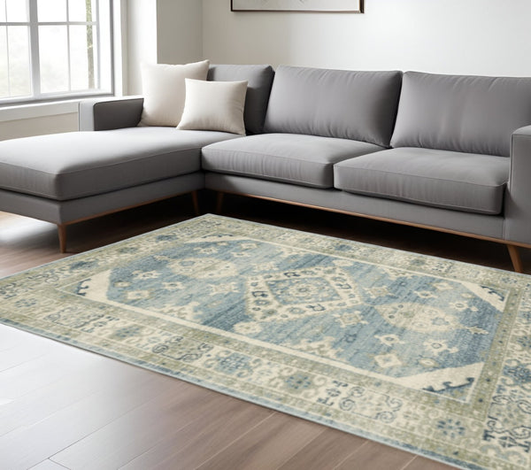 HomeRoots 5' Elegant Blue and Beige Oriental Distressed Area Rug for Timeless Style and Durability in Any Space 8' X 10' 508439