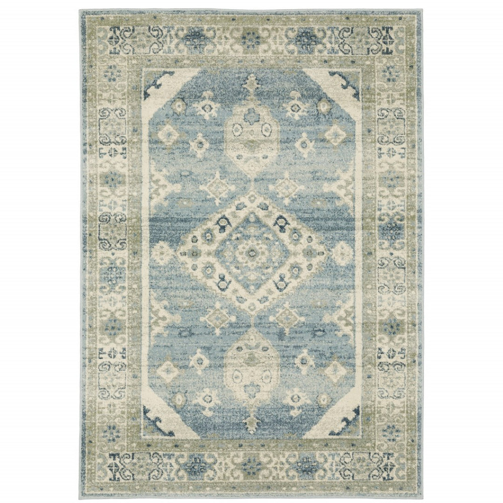 HomeRoots 5' Elegant Blue and Beige Oriental Distressed Area Rug for Timeless Style and Durability in Any Space 10' X 13' 508440