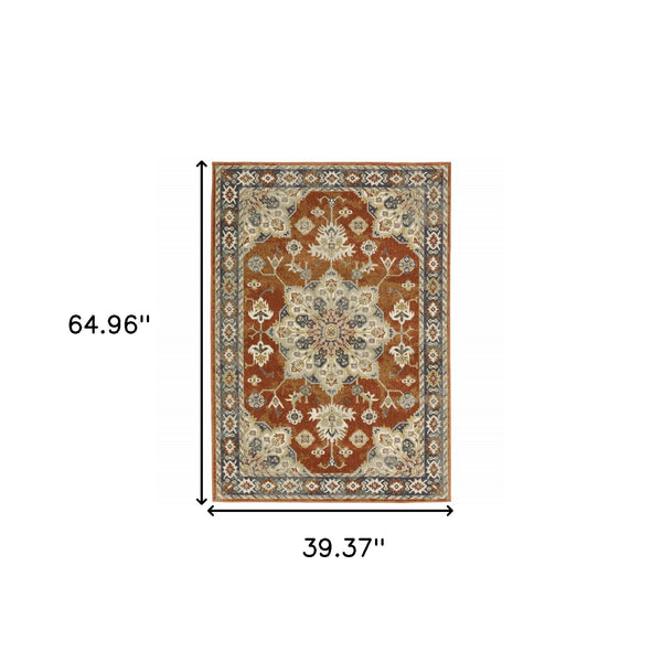 Homeroots 3' X 5' Rust Beige Teal Blue And Gold Oriental Power Loom Stain Resistant Area Rug Rust,Beige Polypropylene 508441