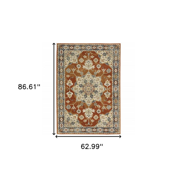 HomeRoots 5' Elegant Rust Beige Teal Blue Gold Oriental Area Rug - Stain Resistant & Durable for High-Traffic Spaces 5' X 7' 508442