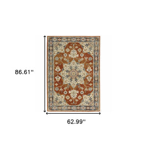 Homeroots 5' X 7' Rust Beige Teal Blue And Gold Oriental Power Loom Stain Resistant Area Rug Rust,Beige Polypropylene 508442
