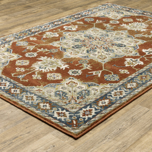 Homeroots 5' X 7' Rust Beige Teal Blue And Gold Oriental Power Loom Stain Resistant Area Rug Rust,Beige Polypropylene 508442