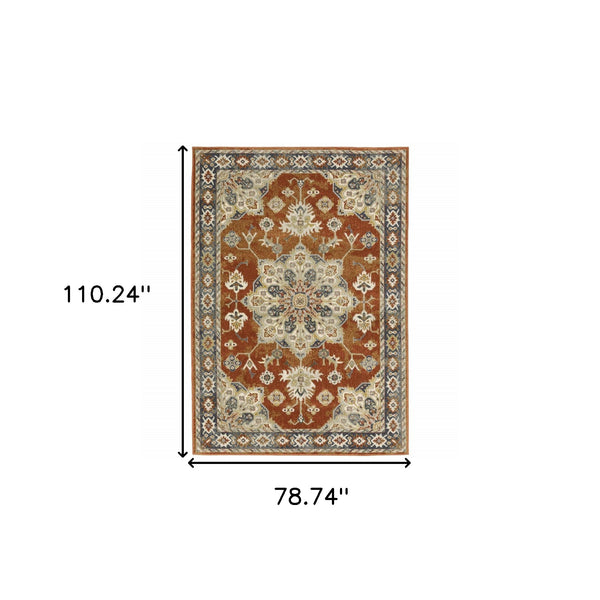 Homeroots 6' X 9' Rust Beige Teal Blue And Gold Oriental Power Loom Stain Resistant Area Rug Rust,Beige Polypropylene 508443