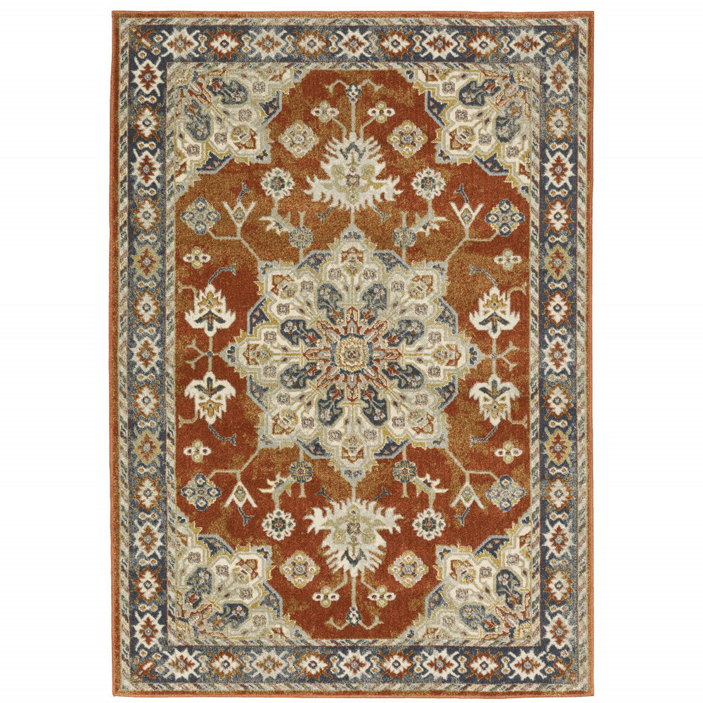 Homeroots 8' X 10' Rust Beige Teal Blue And Gold Oriental Power Loom Stain Resistant Area Rug Rust,Beige Polypropylene 508444