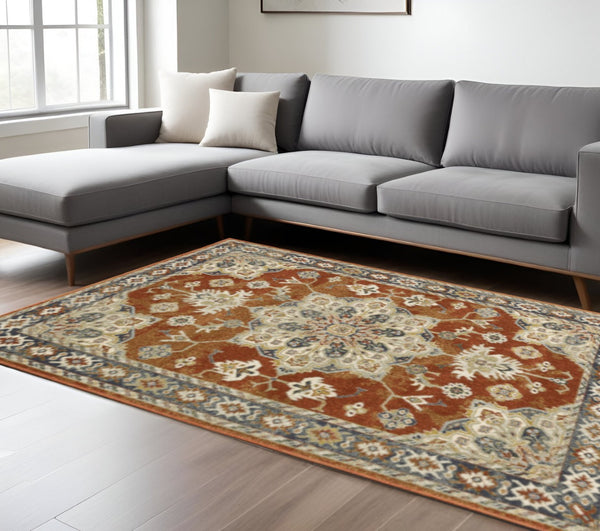 HomeRoots 5' Elegant Rust Beige Teal Blue Gold Oriental Area Rug - Stain Resistant & Durable for High-Traffic Spaces 8' X 10' 508444