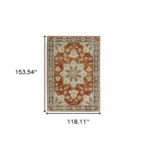 Homeroots 10' X 13' Rust Beige Teal Blue And Gold Oriental Power Loom Stain Resistant Area Rug Rust,Beige Polypropylene 508445