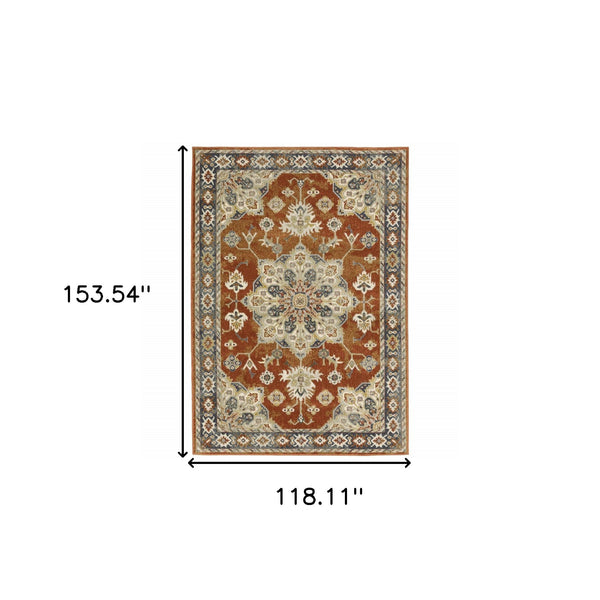 Homeroots 10' X 13' Rust Beige Teal Blue And Gold Oriental Power Loom Stain Resistant Area Rug Rust,Beige Polypropylene 508445