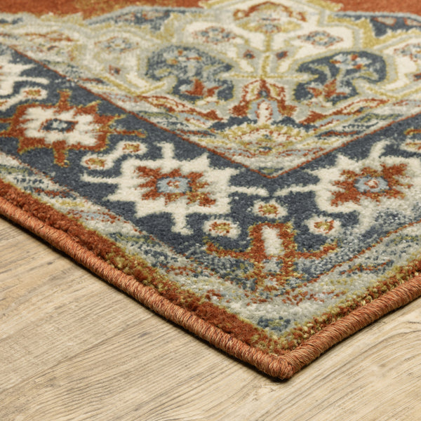 Homeroots 10' X 13' Rust Beige Teal Blue And Gold Oriental Power Loom Stain Resistant Area Rug Rust,Beige Polypropylene 508445