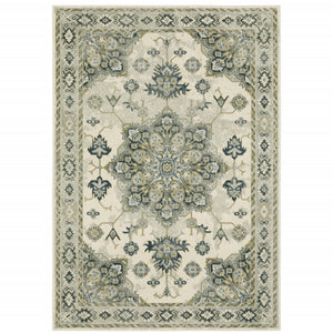 Homeroots 3' X 5' Ivory Blue Teal Grey And Olive Green Oriental Power Loom Stain Resistant Area Rug Ivory,Blue Polypropylene 508446