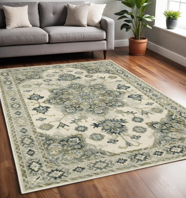 HomeRoots 5' Elegant Rust Beige Teal Blue Gold Oriental Area Rug - Stain Resistant & Durable for High-Traffic Spaces 5' X 7' 508447