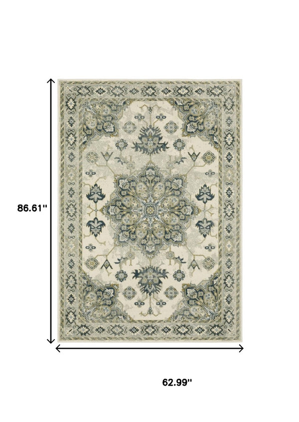 HomeRoots 5' Elegant Rust Beige Teal Blue Gold Oriental Area Rug - Stain Resistant & Durable for High-Traffic Spaces 5' X 7' 508447