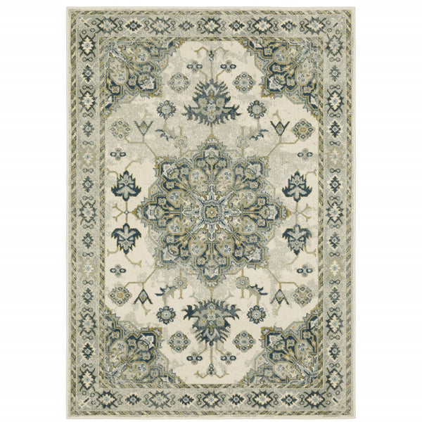 Homeroots 6' X 9' Ivory Blue Teal Grey And Olive Green Oriental Power Loom Stain Resistant Area Rug Ivory,Blue Polypropylene 508448