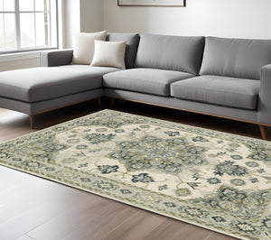 HomeRoots 5' Elegant Rust Beige Teal Blue Gold Oriental Area Rug - Stain Resistant & Durable for High-Traffic Spaces 7' X 9' 508448
