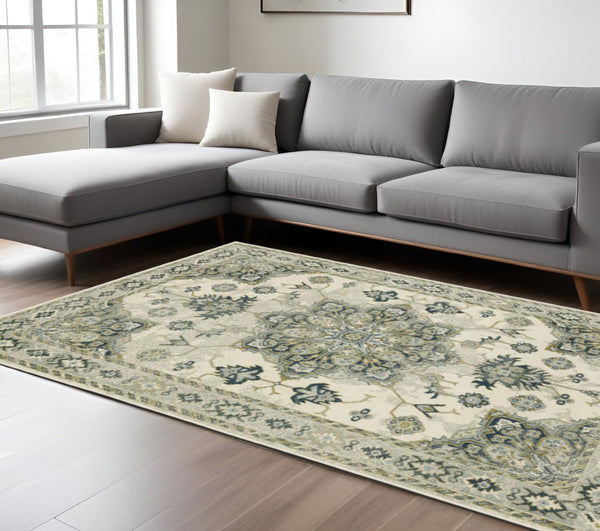 HomeRoots 5' Elegant Rust Beige Teal Blue Gold Oriental Area Rug - Stain Resistant & Durable for High-Traffic Spaces 7' X 9' 508448