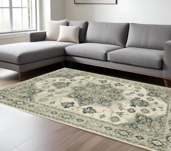 HomeRoots 5' Elegant Rust Beige Teal Blue Gold Oriental Area Rug - Stain Resistant & Durable for High-Traffic Spaces 8' X 10' 508449