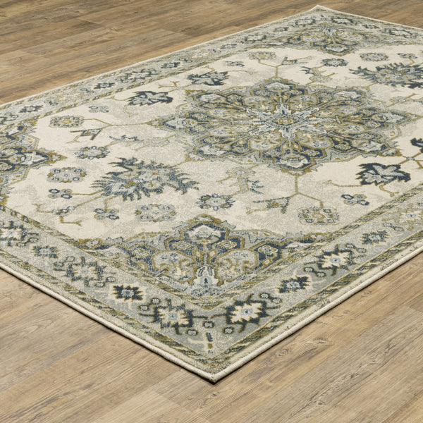 Homeroots 8' X 10' Ivory Blue Teal Grey And Olive Green Oriental Power Loom Stain Resistant Area Rug Ivory,Blue Polypropylene 508449