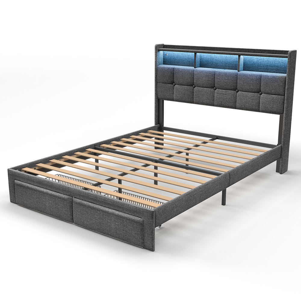 English Elm Queen LED Bed Frame with Linen Headboard, 2 Drawers, Fast Charging Ports, Remote RGB Nightlight W1550P190362