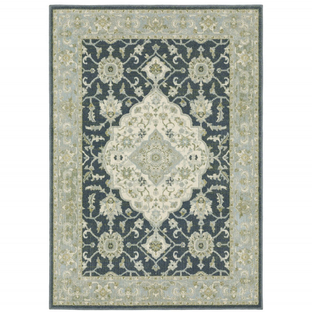 HomeRoots 5' Elegant Teal Blue and Ivory Oriental Area Rug - Stain Resistant, Durable for High-Traffic Spaces 5' X 7' 508452