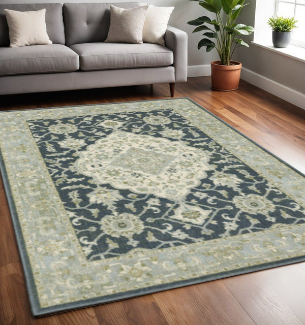 HomeRoots 5' Elegant Teal Blue and Ivory Oriental Area Rug - Stain Resistant, Durable for High-Traffic Spaces 5' X 7' 508452