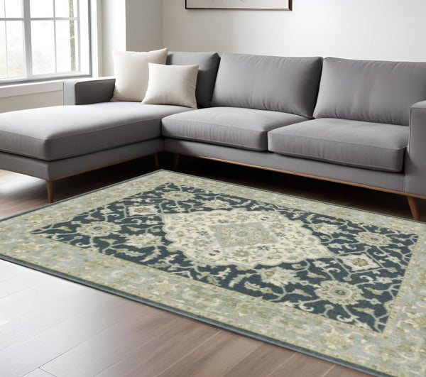 HomeRoots 5' Elegant Teal Blue and Ivory Oriental Area Rug - Stain Resistant, Durable for High-Traffic Spaces 7' X 9' 508453