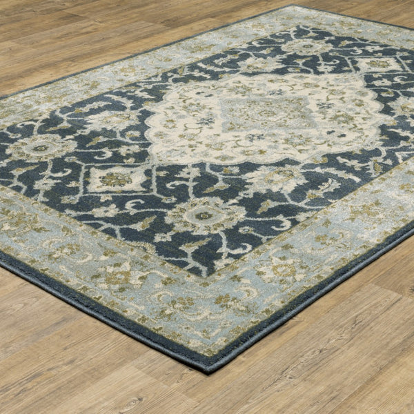 HomeRoots 5' Elegant Teal Blue and Ivory Oriental Area Rug - Stain Resistant, Durable for High-Traffic Spaces 7' X 9' 508453